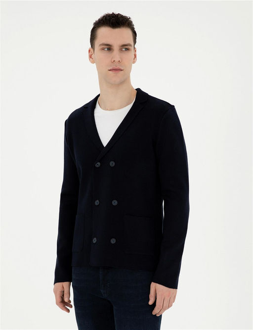 Koyu Lacivert Slim Fit Y_n Kar___ml_ D__meli Triko H_rka