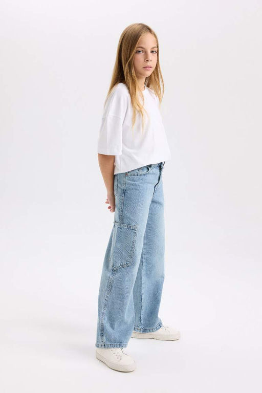 Широкие джинсовые брюки для девочек с карманом-карго - Defacto фото 3
