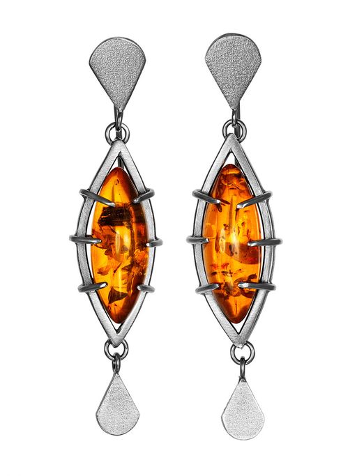 Серьги в авторском дизайне Канкун из черненого серебра и янтаря коньячного цвета