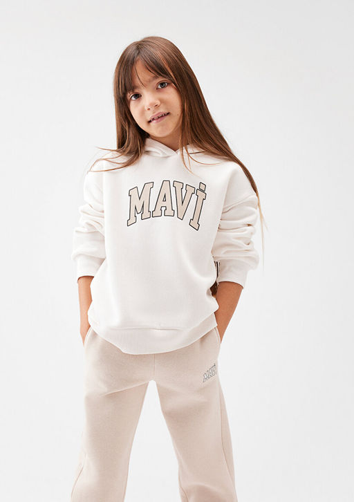 Mavi Logo Bask?l? Kapusonlu Beyaz Sweatshirt