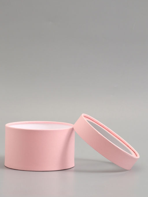 Подарочная коробка круглая, розовая, завальцованная с окном, 16×11 см