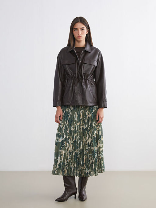 G?mlek Yaka Kad?n Deri G?r?n?ml? Ceket