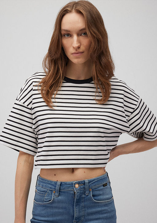 Siyah Cizgili Crop Tisort - Mavi фото 2