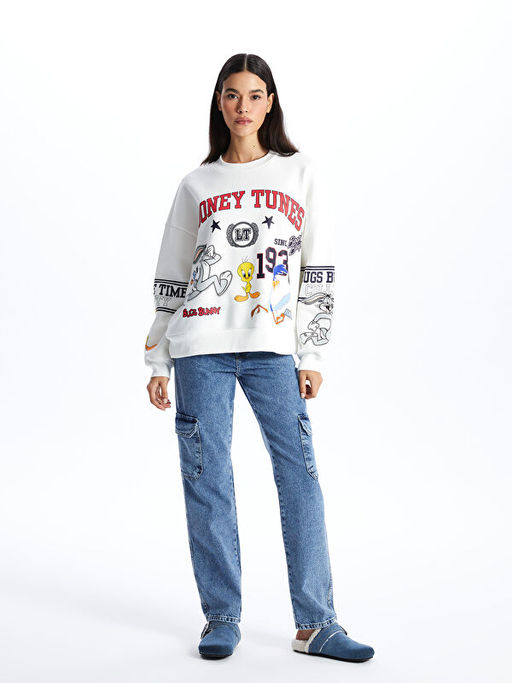 Bisiklet Yaka Bugs Bunny Bask?l? Uzun Kollu Oversize Kad?n Sweatshirt - Waikiki фото 3
