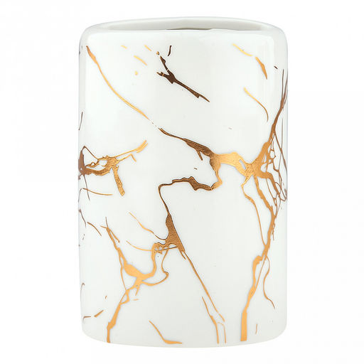 Набор для ванной "Мрамор" 4 предмета: дозатор для мыла 360мл, д7см, h17,8см; мыльница 11,3х7,8х2,4см; стакан для зубных щеток с разделителем 330мл, д7см, h10,7см, стакан 290мл, д6,3см, h11см; фурнитура пластик "под золото", глянцвая глазурь, белый/зо