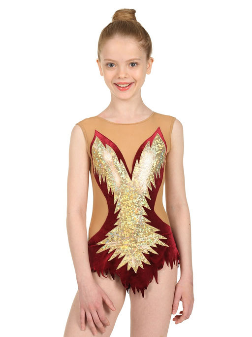 8842 Купальник для выступлений из бархата с юбочкой и аппликацией из голограммы