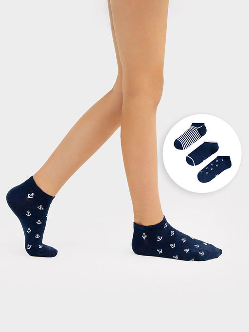 Набор детских коротких носков (3 пары) в синем цвете с рисунками