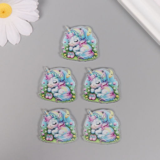 Цена за 5 шт. Декор для творчества акрил «Единорожка в косынке сладко спит на лужайке», 2.9×3×0.2 см