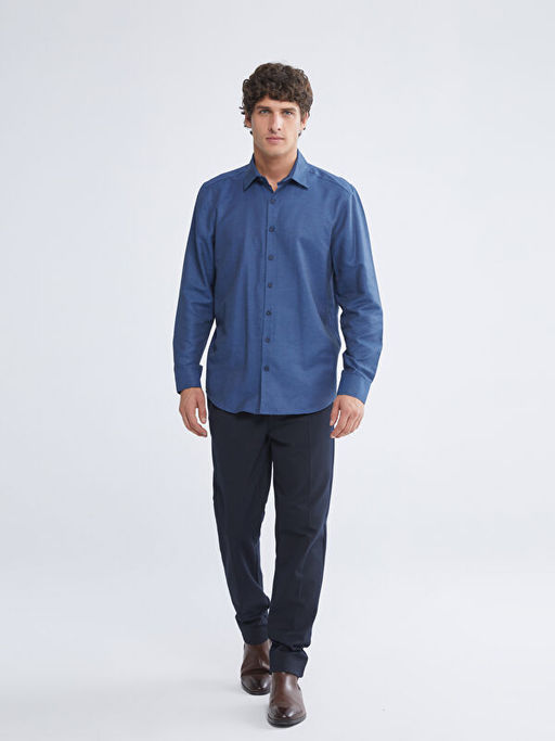 ?nden D??me Kapamal? D?z Uzun Kollu Erkek G?mlek