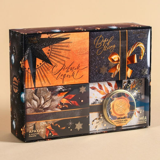 Подарочный набор С новым годом: чай (50 г), арахис, ананас в шоколаде, крем-мед