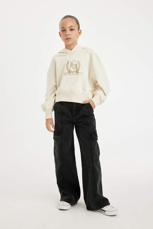 Толстовка широкого кроя с капюшоном и вышивкой для девочек цвета экрю - Defacto фото 2