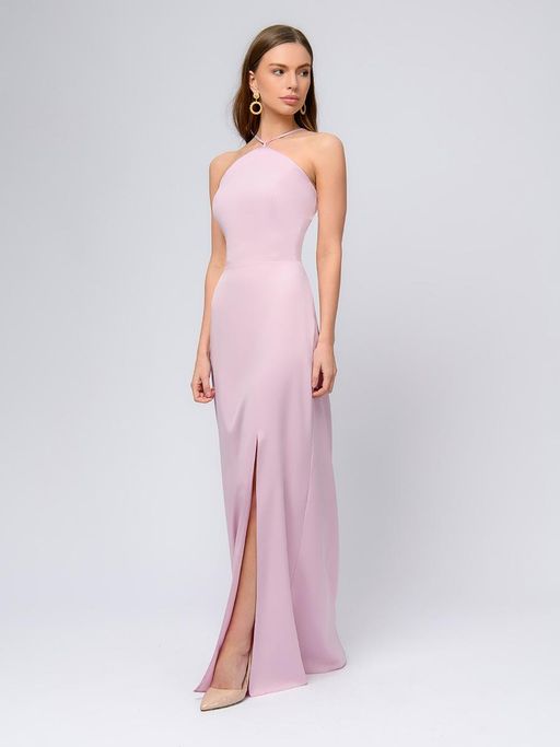 Платье цвета пыльной розы длины макси с разрезом на юбке и открытыми плечами - 1001dress фото 5