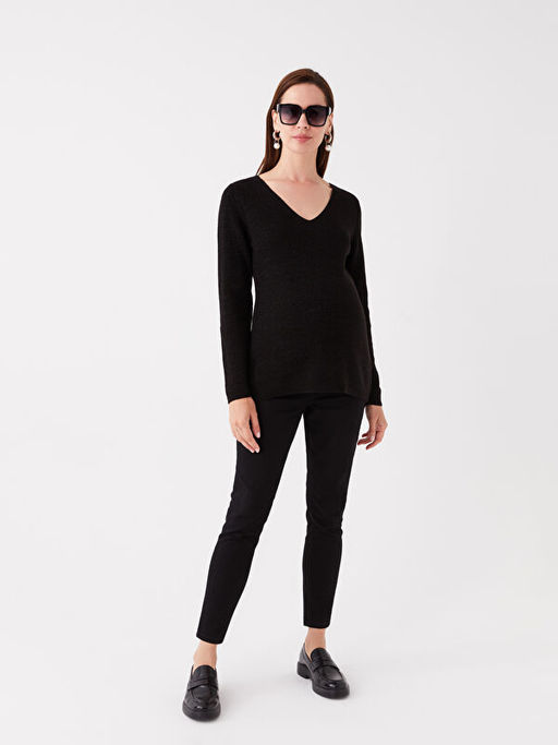 V Yaka D?z Uzun Kollu Hamile Triko Kazak