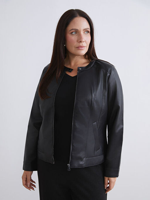 Bisiklet Yaka Kad?n Deri G?r?n?ml? Ceket