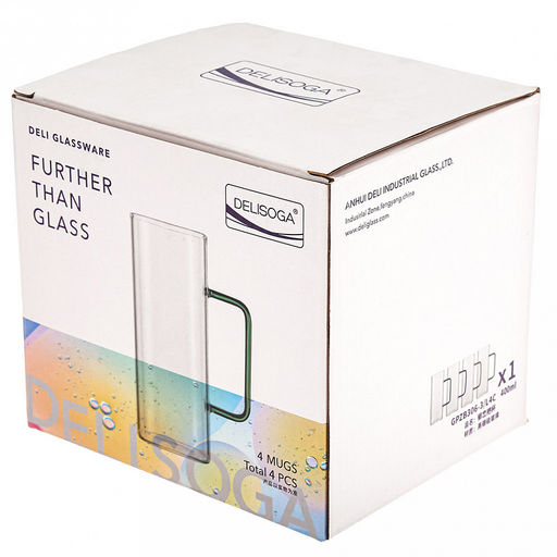 Кружка стеклянная 400мл Байкал тонкостенное, боросиликатное стекло, цветная ручка, 6х6см h14,5см, горло 5,9х5,9см, основание 5,5х5,5см, набор 4 штуки, в подарочной коробке, Делисога (Delisoga) (Китай) - Домашняя мода фото 5