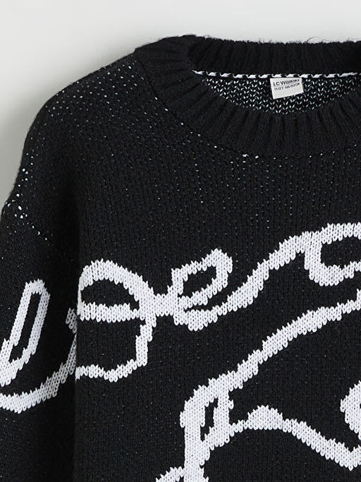 Bisiklet Yaka Desenli K?z ?ocuk Triko Kazak