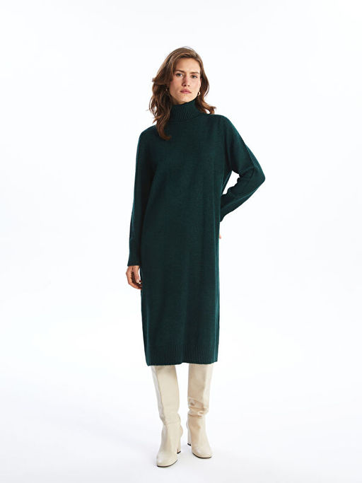 Bal?k?? Yaka D?z Uzun Kollu Oversize Kad?n Triko Elbise