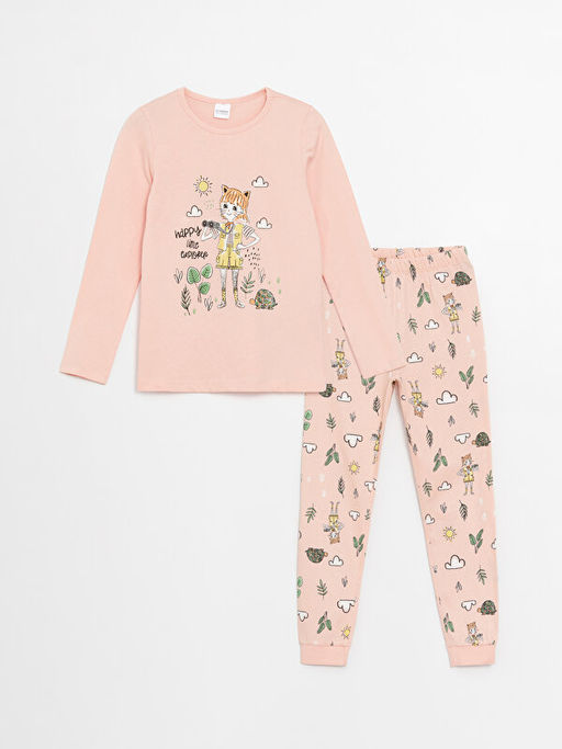 Bisiklet Yaka Bask?l? Uzun Kollu K?z ?ocuk Pijama Tak?m?