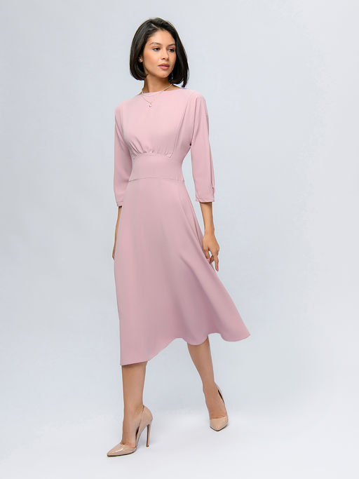 Платье розовое длины миди с расклешенной юбкой - 1001dress фото 2