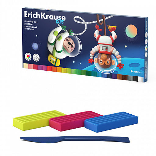 АКЦИЯ Цена за 1 шт. Пластилин классический ErichKrause Kids Space Animals 24 цвета со стеком, 432 г (в коробке 24 шт)