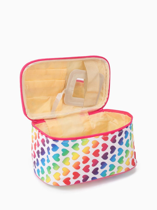 Косметичка - сундучок на молнии, на подкладке, с ручкой, зеркалом, с рисунком, молочная