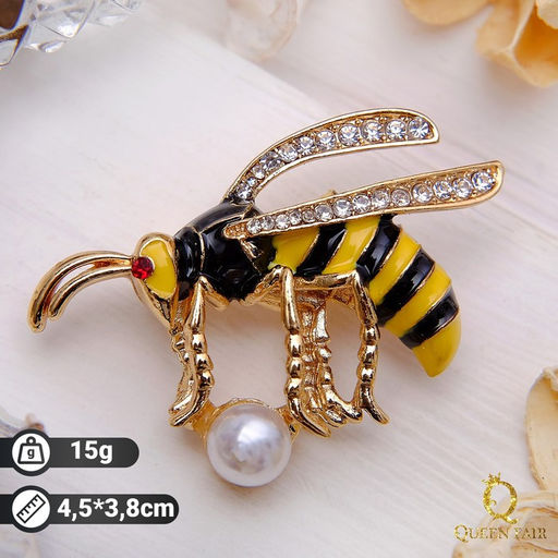 Брошь «Пчелка» с бусиной, цветная в золоте