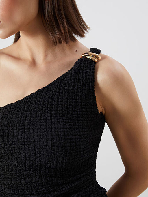 Tek Omuz Dokulu B?zg?l? Elbise