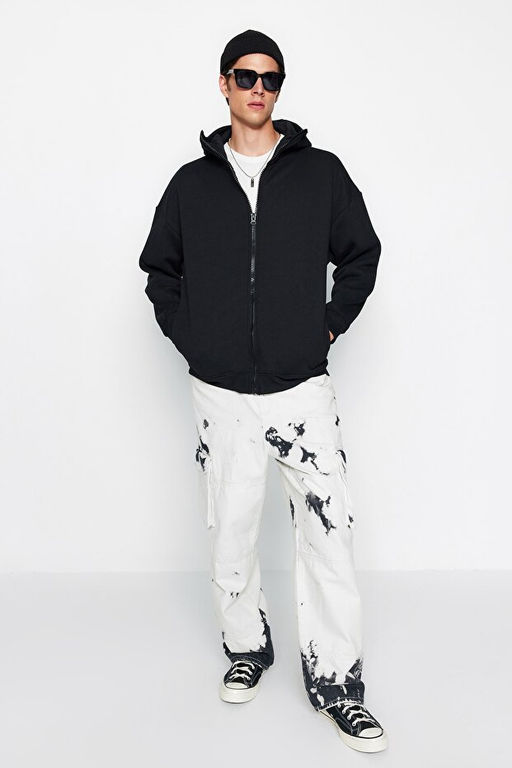 Siyah Oversize/Geni_ Kesim Fermuarl_ __i Polar Kap__onlu Sweatshirt-H_rka TMNAW24SW00049 - Trendyolmilla фото 2