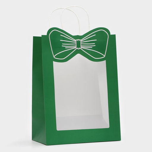 Пакет подарочный бумажный с окном «Бант», 26×35×15 см, крафт зеленый