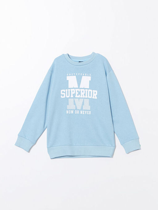 Bisiklet Yaka Bask?l? Uzun Kollu Erkek ?ocuk Sweatshirt