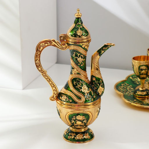 Набор посуды сувенирной: винный кувшин, 6 бокалов, поднос «Турция. Цветы и узоры», зелёный с золотом