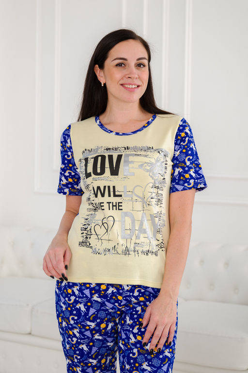 Пижама женская домашний интерлок из футболки и бридж LOVE единорог на синем