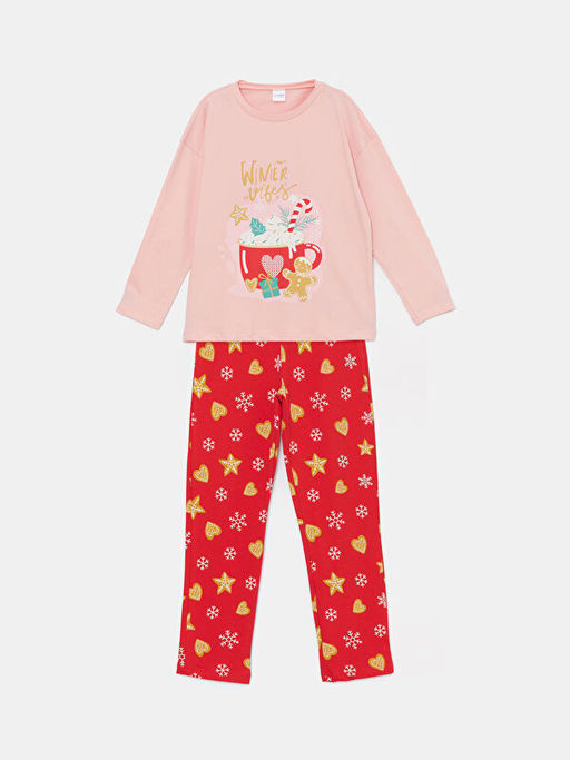 Bisiklet Yaka Bask?l? Uzun Kollu K?z ?ocuk Pijama Tak?m?