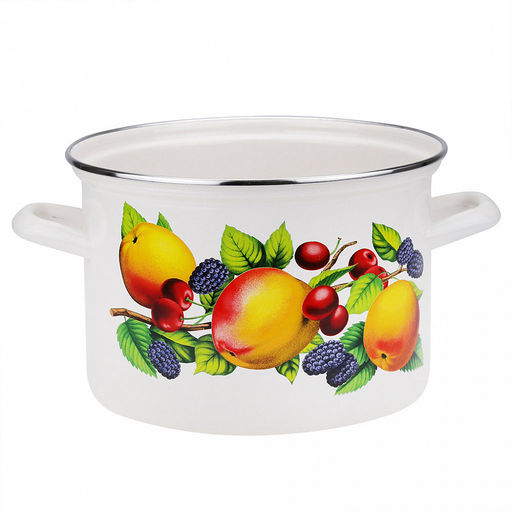 "Яблоки" Кастрюля эмалированная 4,5л, форма цилиндрическая, металлическая крышка с пластмассовой ручкой-кнопкой, нержавеющий ободок (Россия)