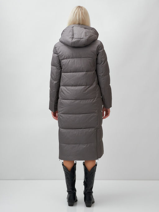 Пальто утепленное стеганное зимнее с капюшоном женское темно-серого цвета 9606TC