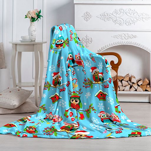 Плед Амели облегченный 200х220, велсофт, 100% полиэстер, Совушки голуб.