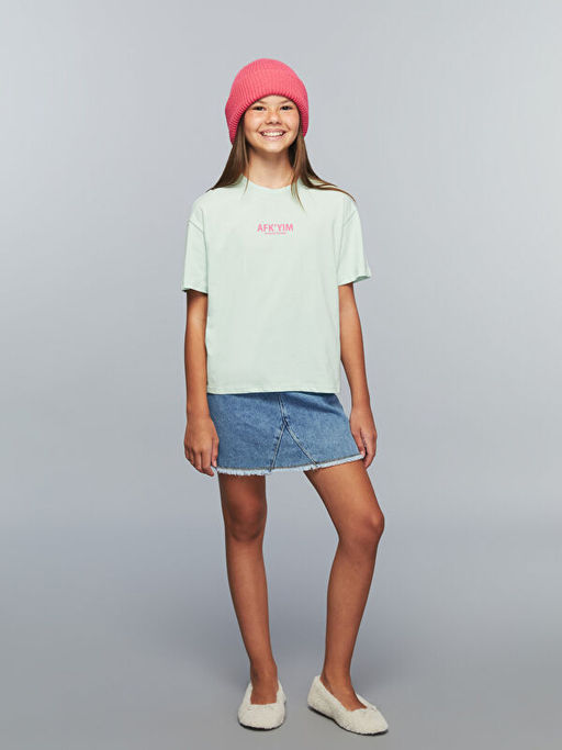 Bisiklet Yaka Slogan Bask?l? K?z ?ocuk Ti??rt