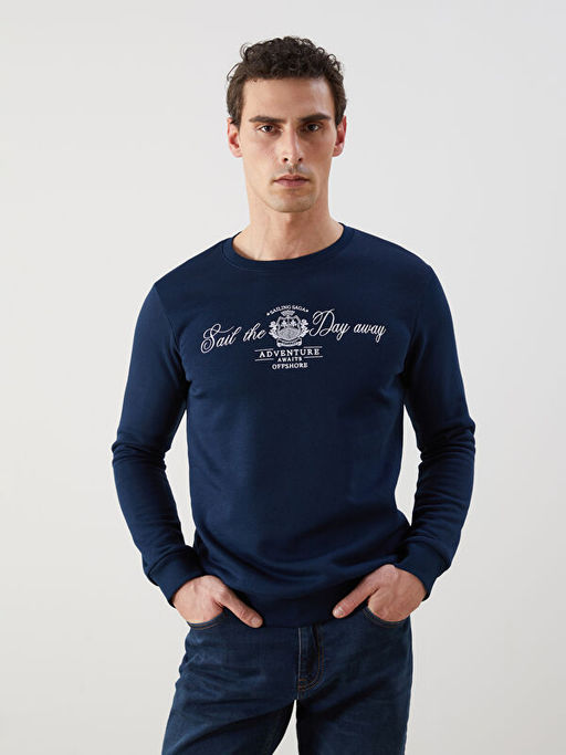 Bisiklet Yaka Bask?l? Erkek Kal?n Sweatshirt