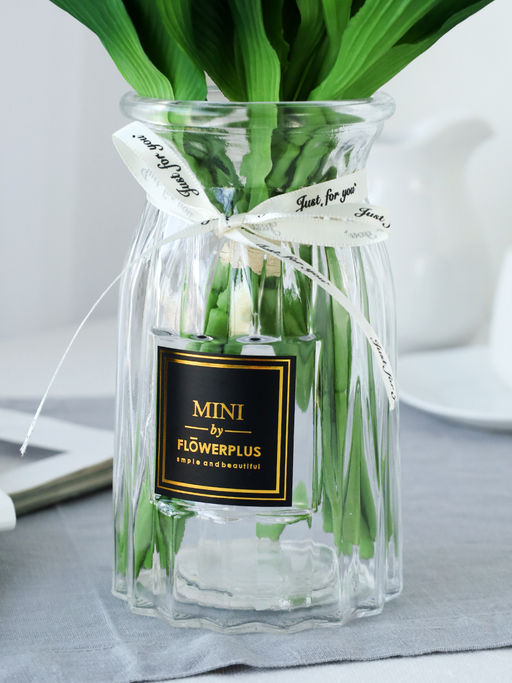 Ваза для цветов 18 см прозрачная с лентой этикетка / WRD-141 /уп 30/ без и/уп