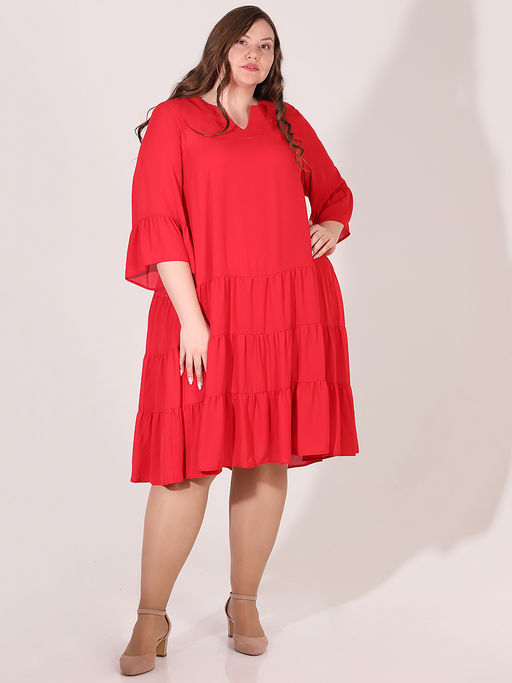 Платье-двойка свободное нарядное больших размеров красное - Almond фото 4