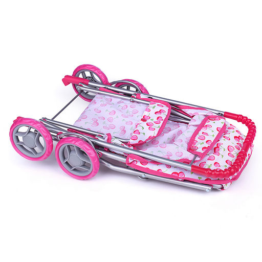 Коляска для кукол (для двойни), металлическая, прогулочная, с тентом, цвет белая с вишенками