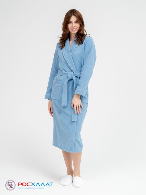 Женский махровый халат с кантом голубой МЗ-32 (62)