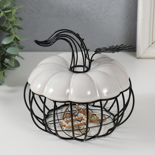 Шкатулка для украшений «Тыква с листочком», металл, керамика, белая с чёрным, 14×14×13 см