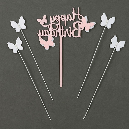 Цена за 7 шт. Топпер для торта «С днём рождения. Бабочки», набор 5 шт., розовый