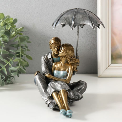 Фигурка полистоун «Влюблённая пара под зонтом - нежность», синий, 18×18×10 см