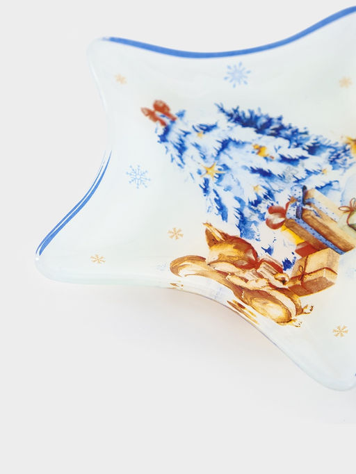 Блюдо сервировочное новогоднее Доляна Новый Год в лесу, d=15 см, стекло, белое, голубое