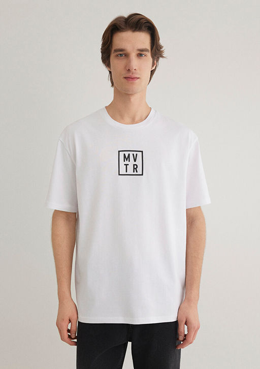 MVTR Bask?l? Beyaz Ti??rt - Mavi фото 4
