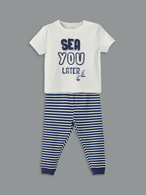 Bisiklet Yaka Bask?l? Erkek Bebek Pijama Tak?m?