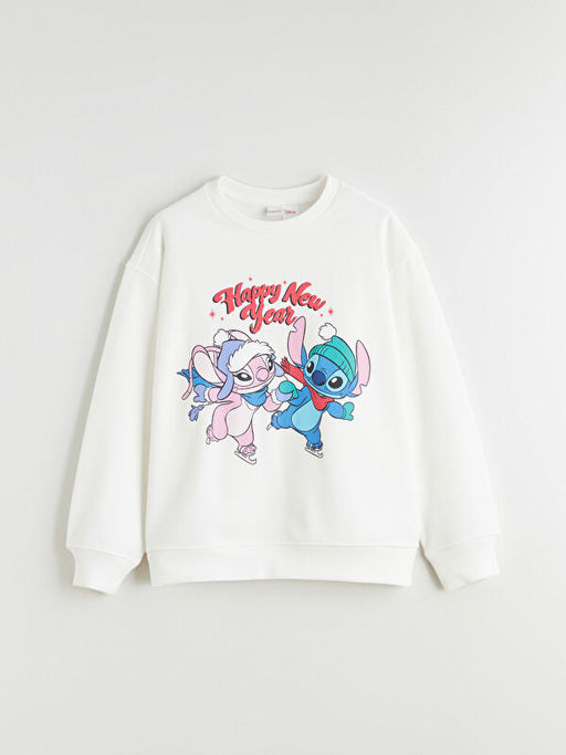 Stitch ve Angel Bask?l? K?z ?ocuk Kal?n Sweatshirt