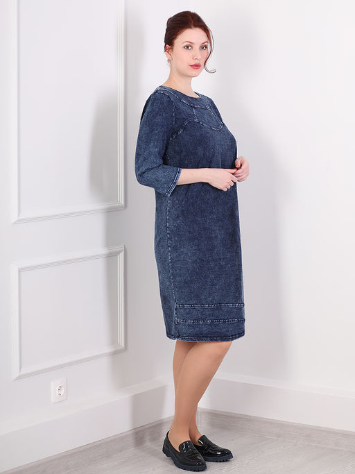 Платье джинсовое прямое миди с укороченным рукавом - Almond фото 4